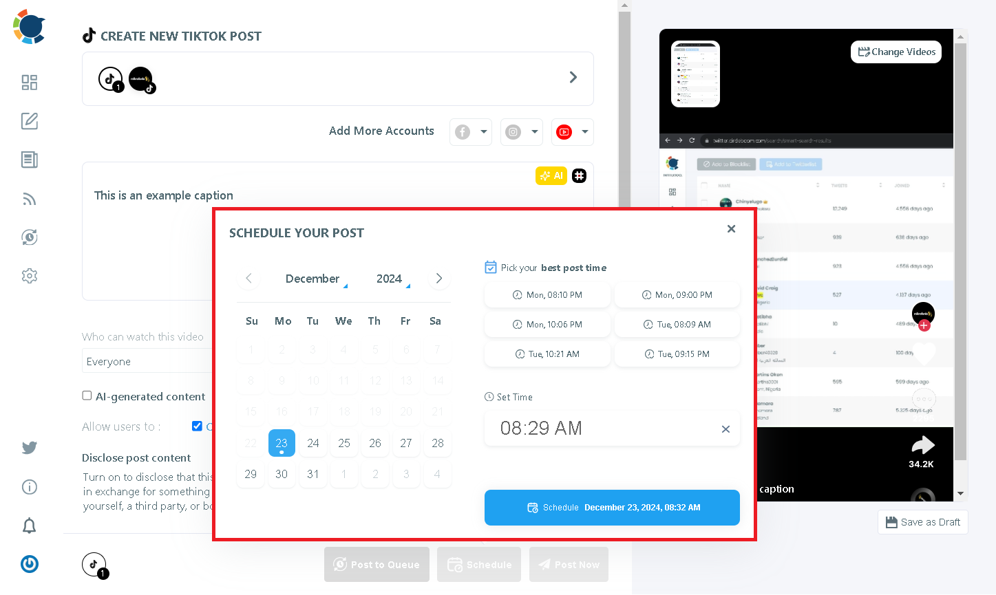 Share or schedule AI TikTok posts