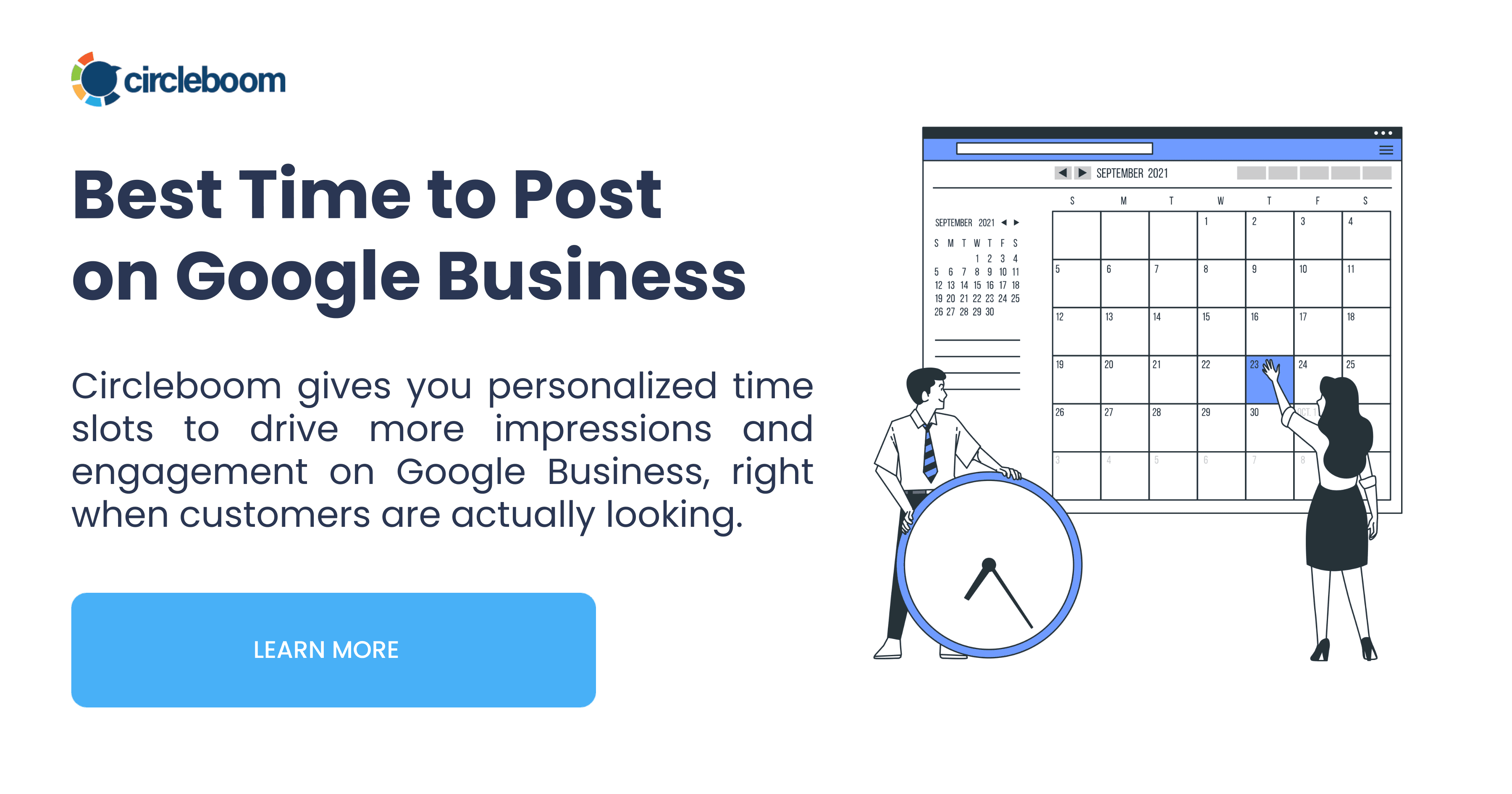 Circleboom page for the best time to post on Google Business, with a calendar and a clock illustration.