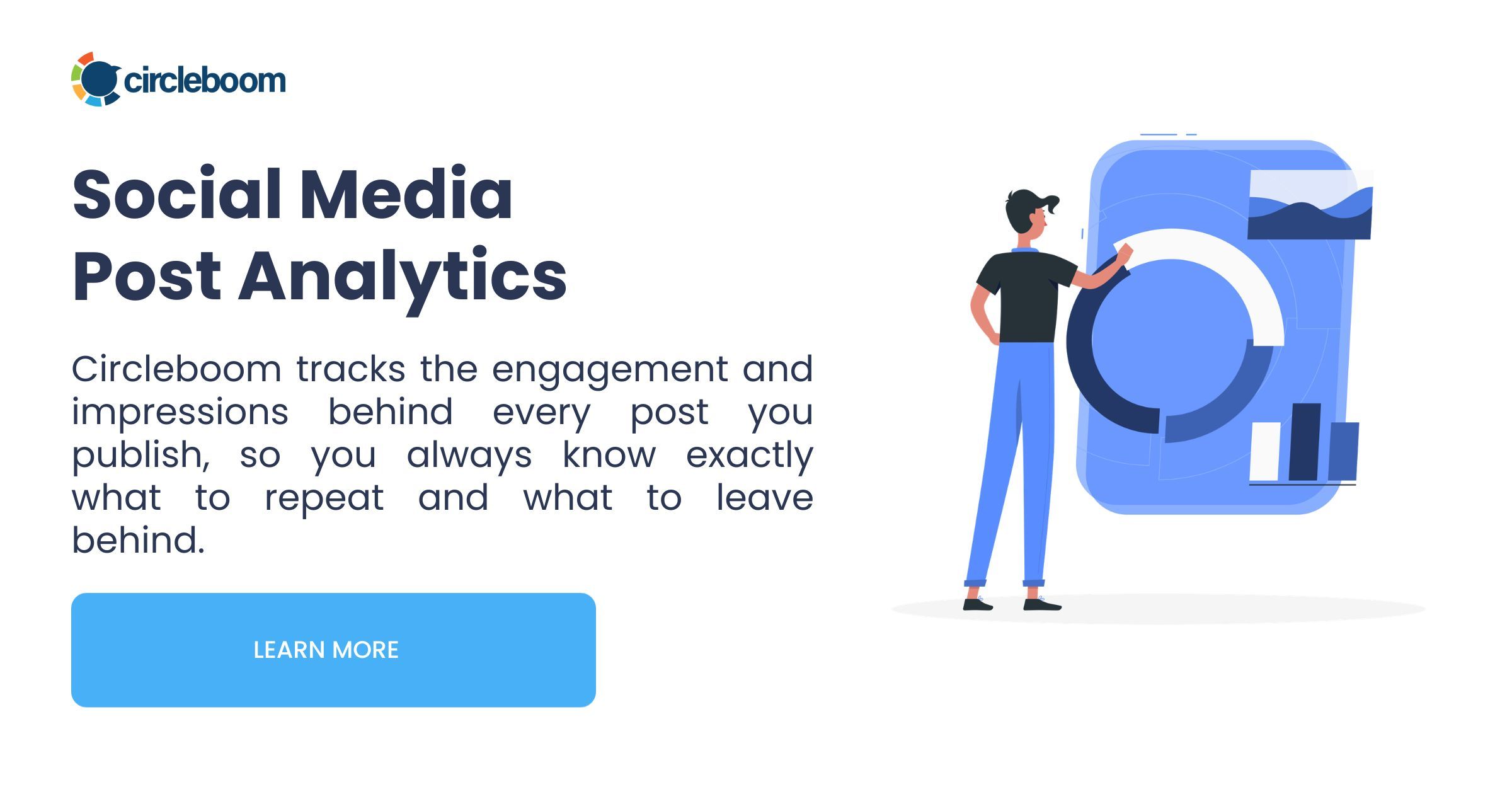 Post analytics banner from Circleboom showing an illustrated analyst beside a donut chart and bar graph.