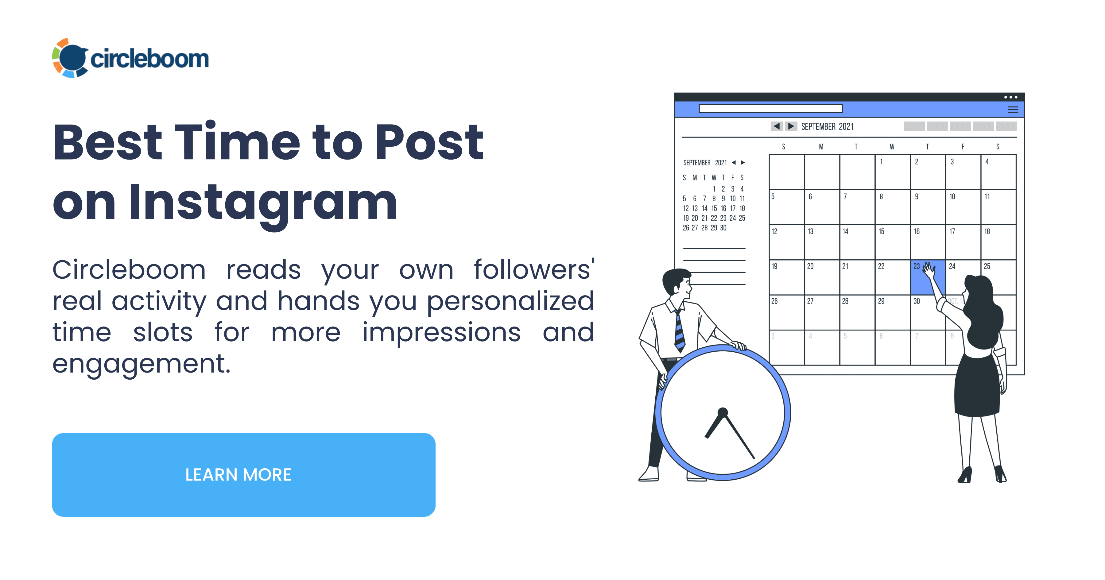 Circleboom page for the best time to post on Instagram, showing a calendar and a large clock.