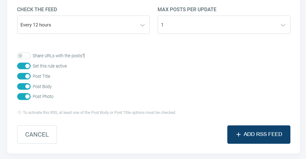 RSS Feed settings.