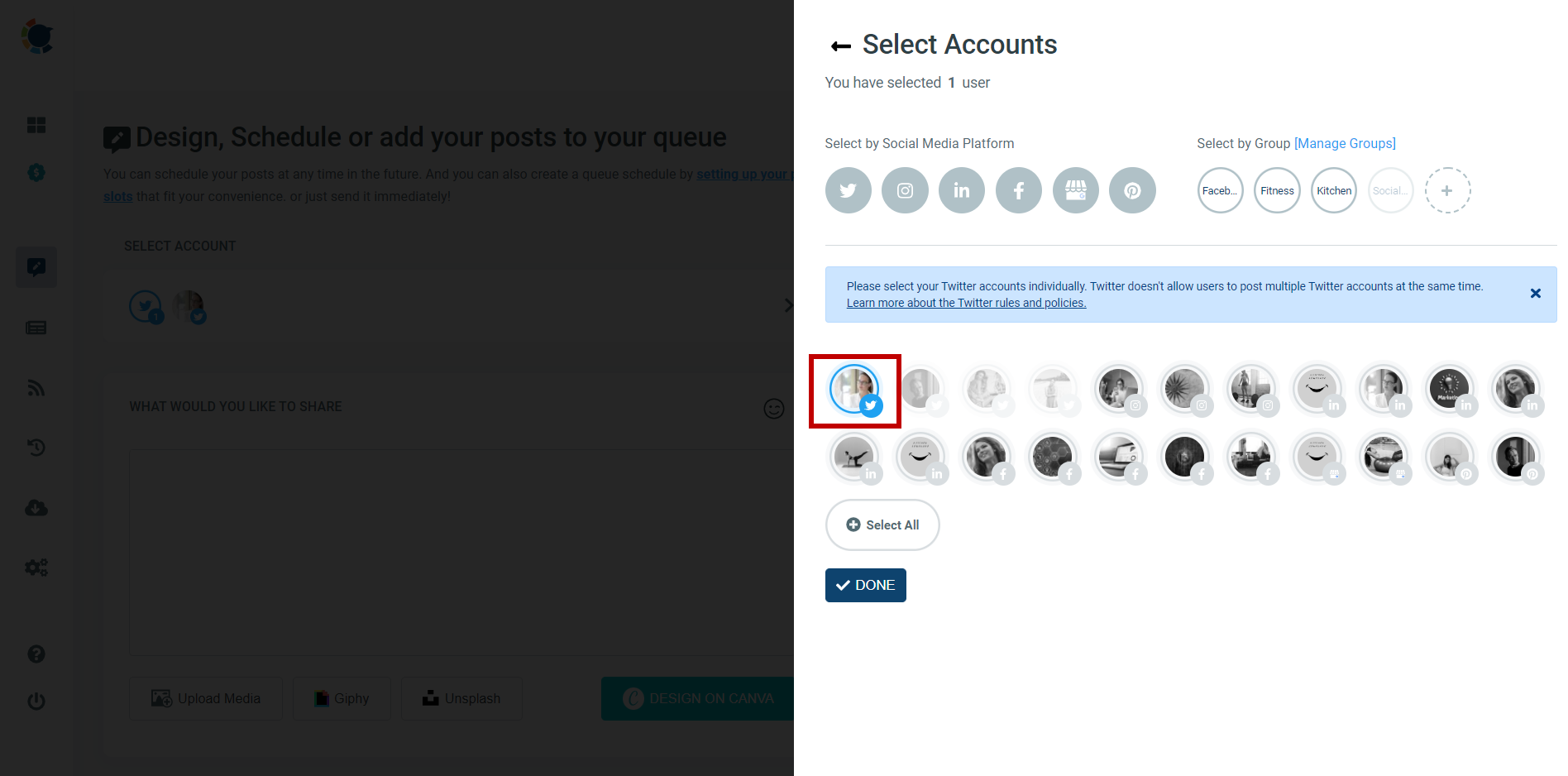 Connect and select your Twitter account to bulk schedule your tweets in advance!