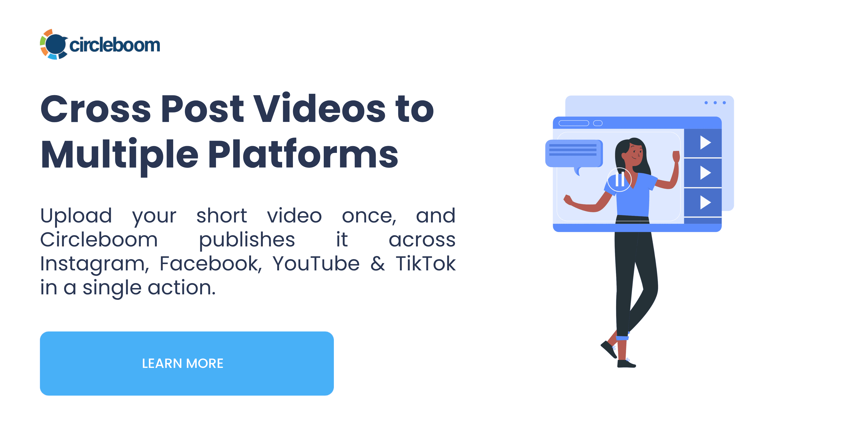 Circleboom page to cross post videos to Instagram, Facebook, YouTube and TikTok in a single action.
