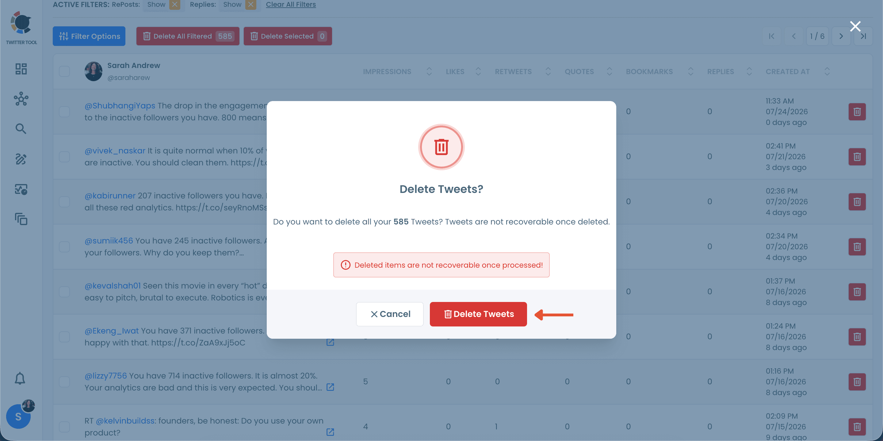 Confirm tweet deletion on Circleboom