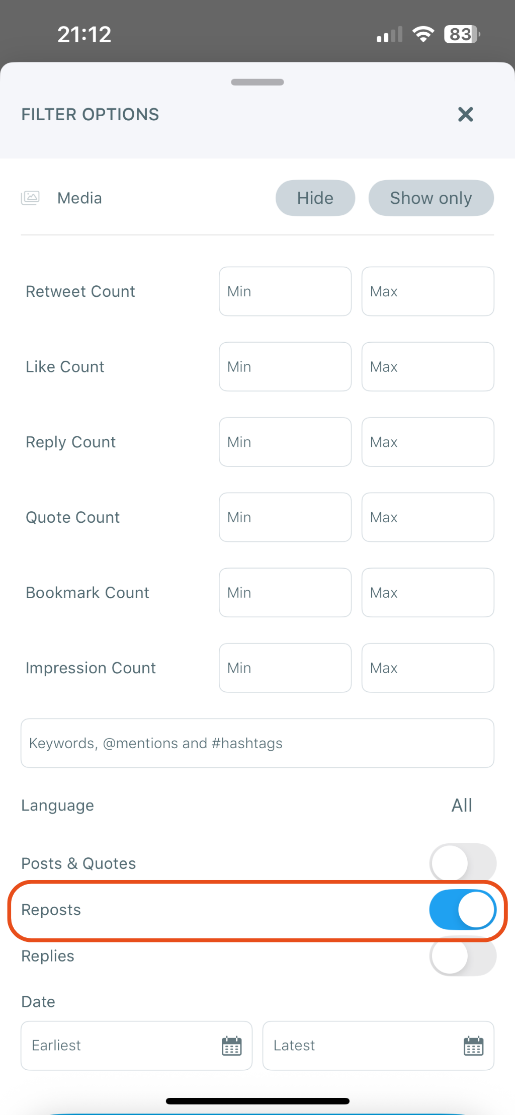 Tap “Filter Options”
