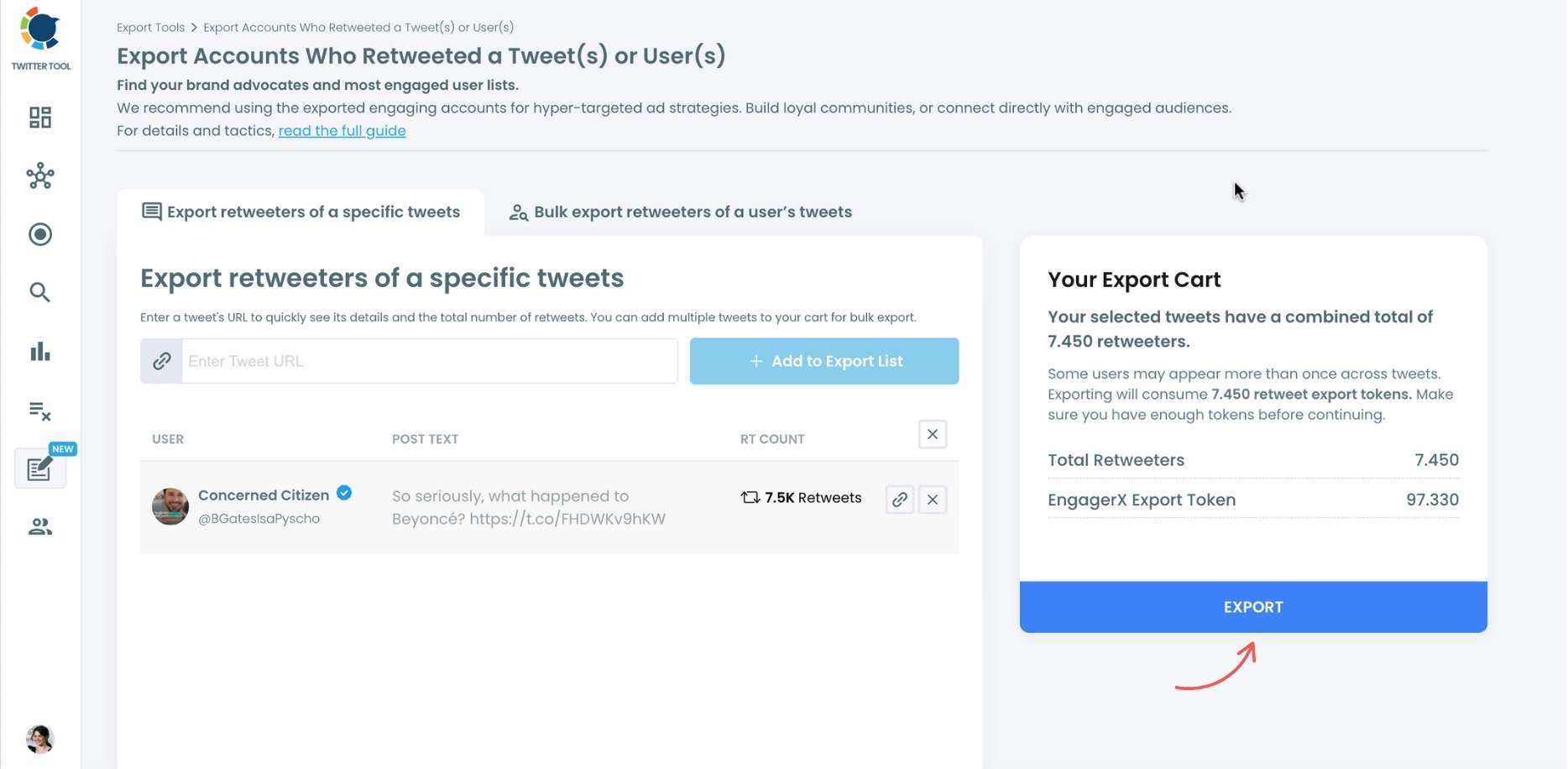 Export button