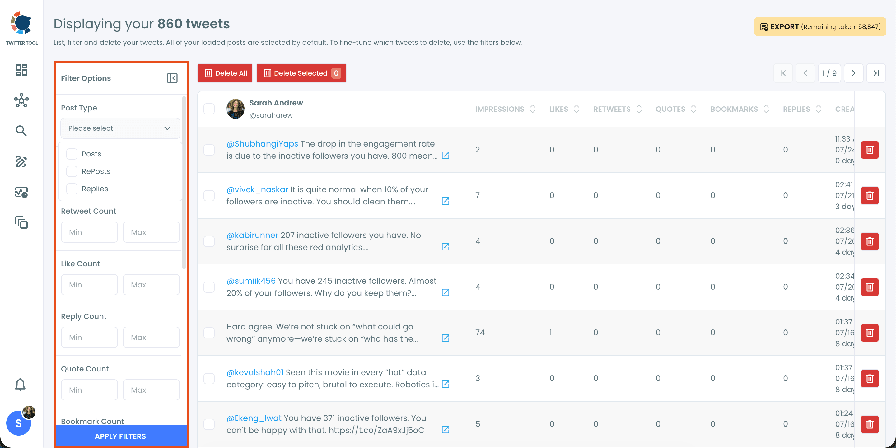 Filter tweets by post type and engagement counts on Circleboom