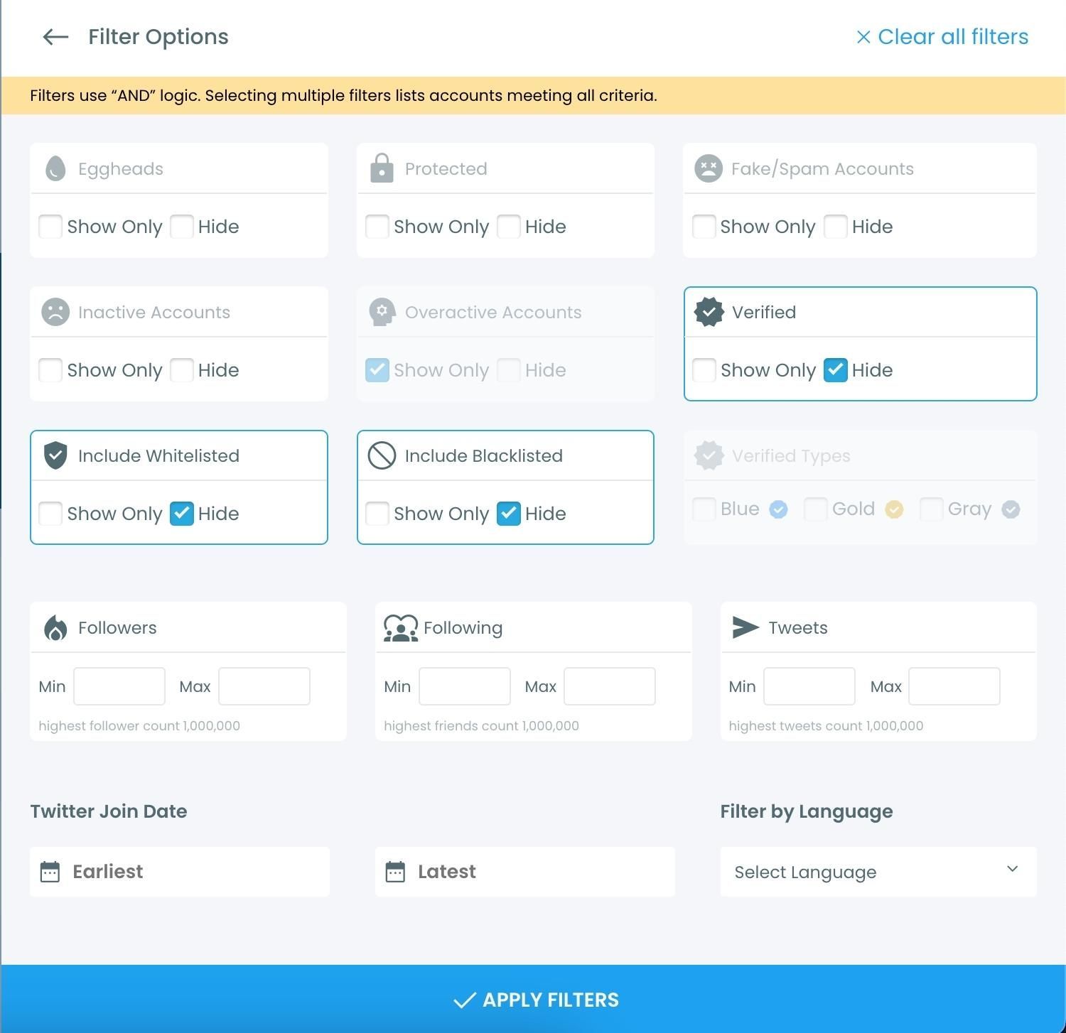 Use Circleboom's advanced filters for verifieds