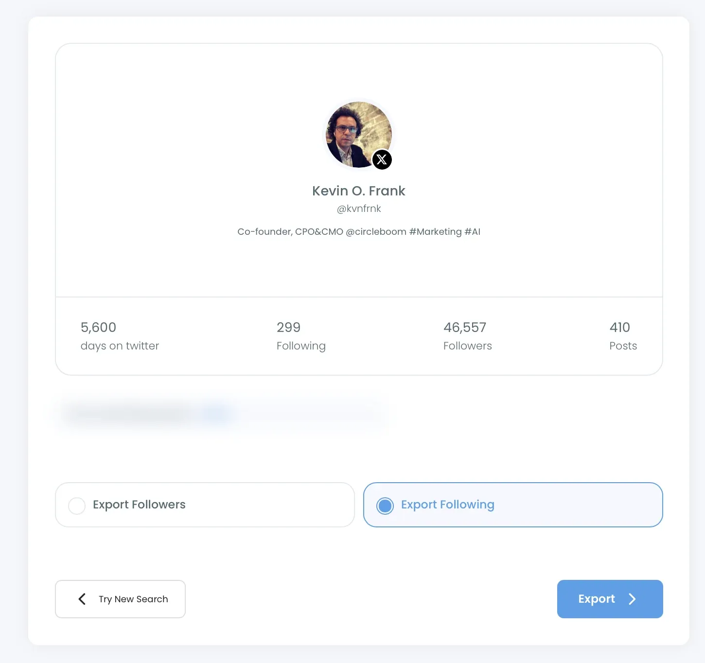 Export Following selected on the profile card