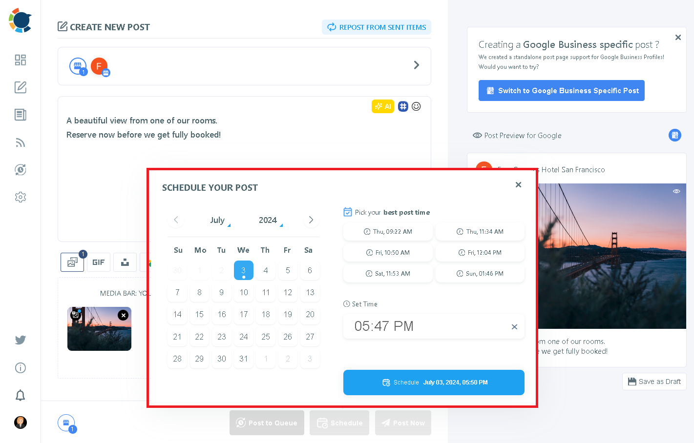 Post, schedule, or add to queue your designed Google Business Profile posts to be posted at the best time for Google Business Profile!
