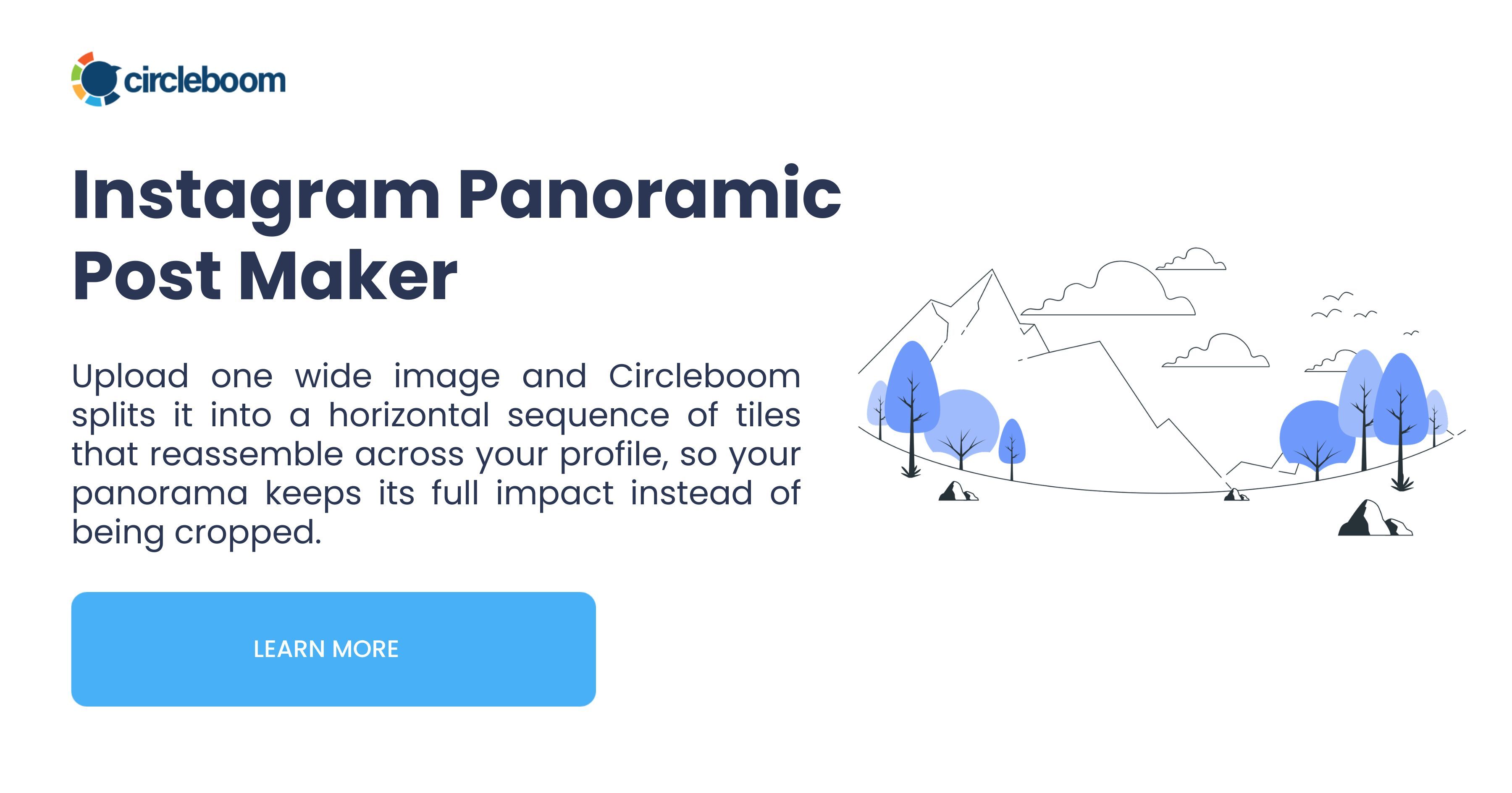 Circleboom page for the Instagram Panoramic Post Maker, with a line drawing of a wide mountain landscape.