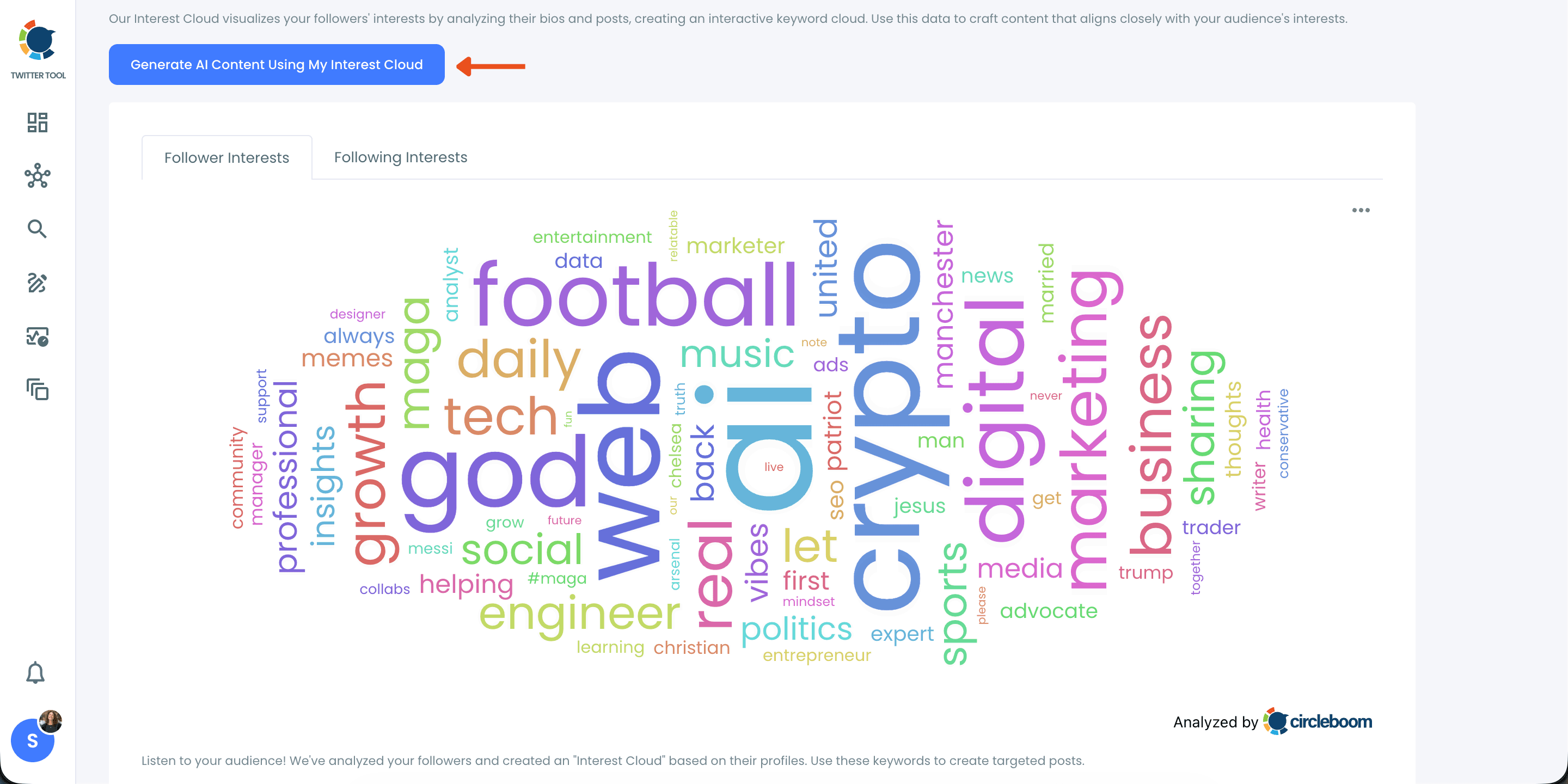 Twitter follower interest cloud on Circleboom