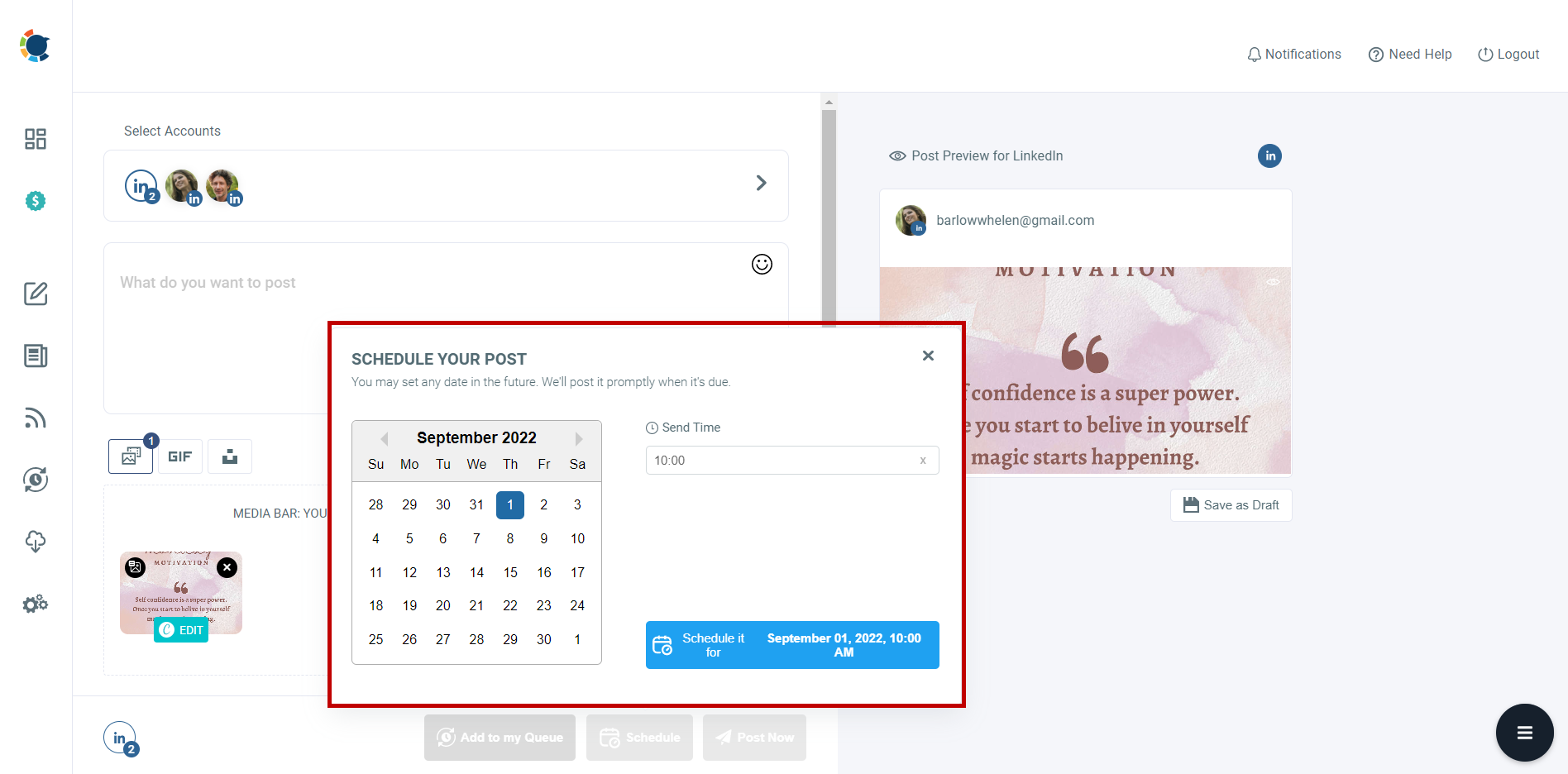 Post, schedule, or add to queue your designed LinkedIn posts to be posted at the best time on LinkedIn!