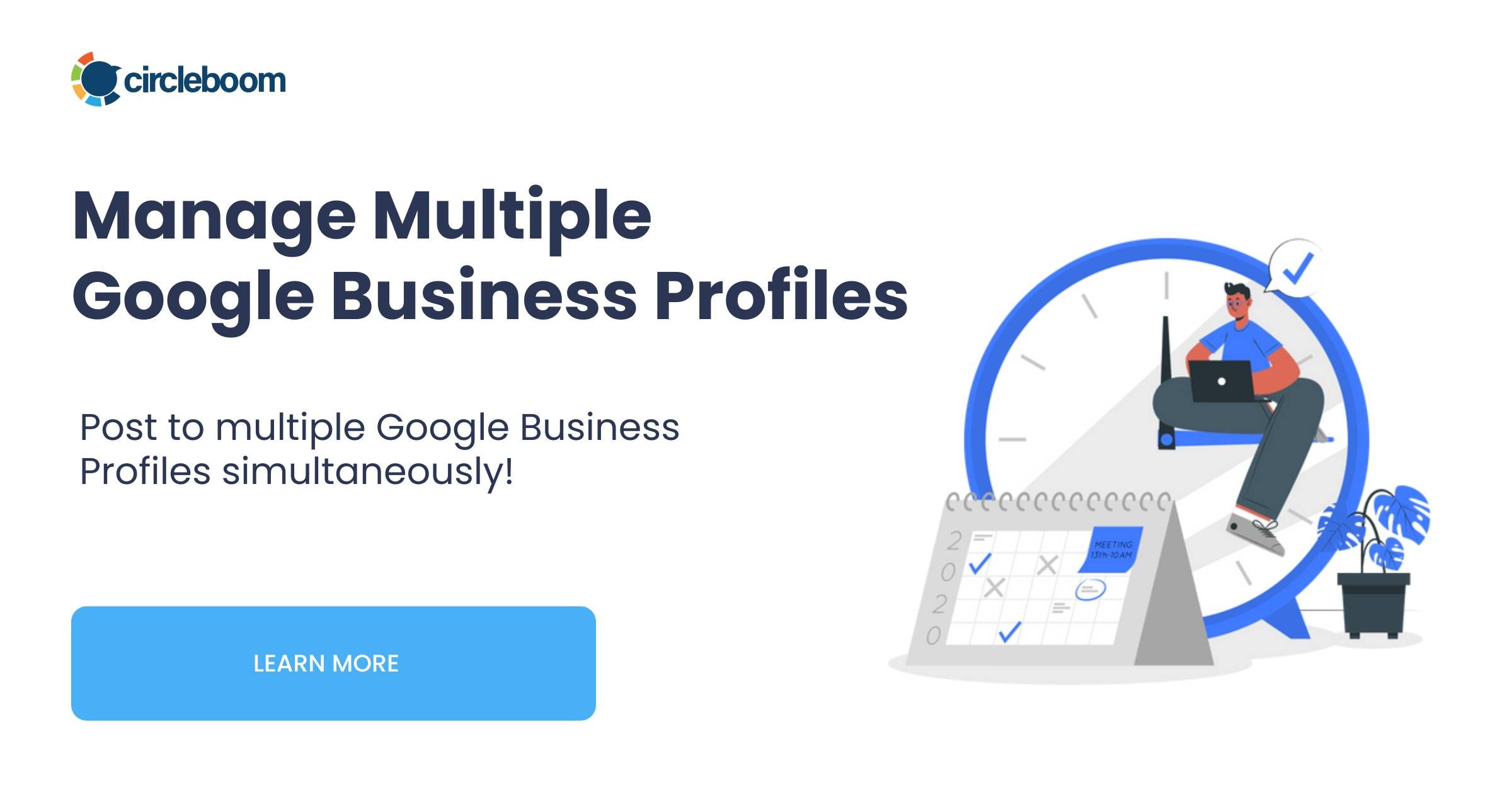 Circleboom banner offering to post to multiple Google Business Profiles simultaneously.
