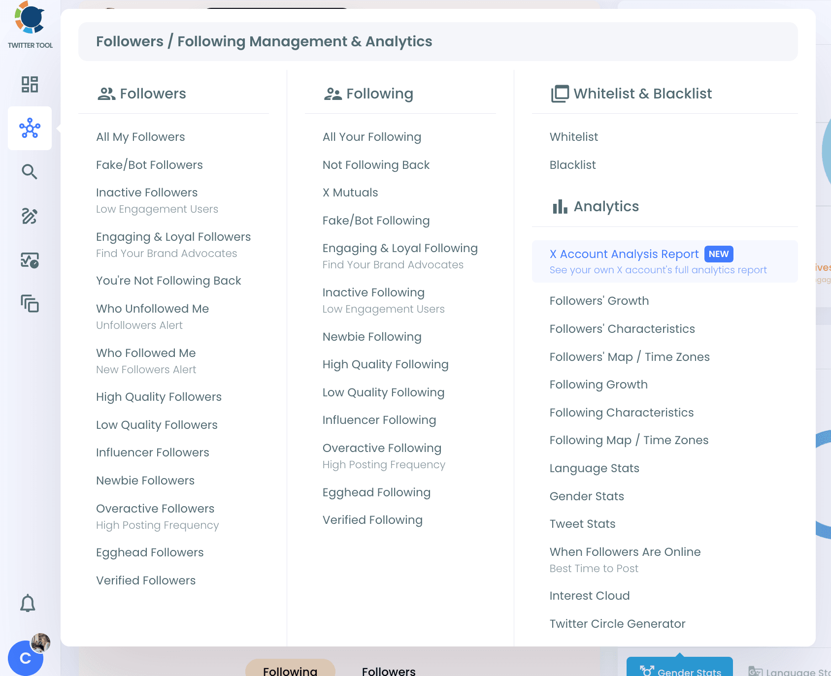 Followers / Following Management & Analytics menu