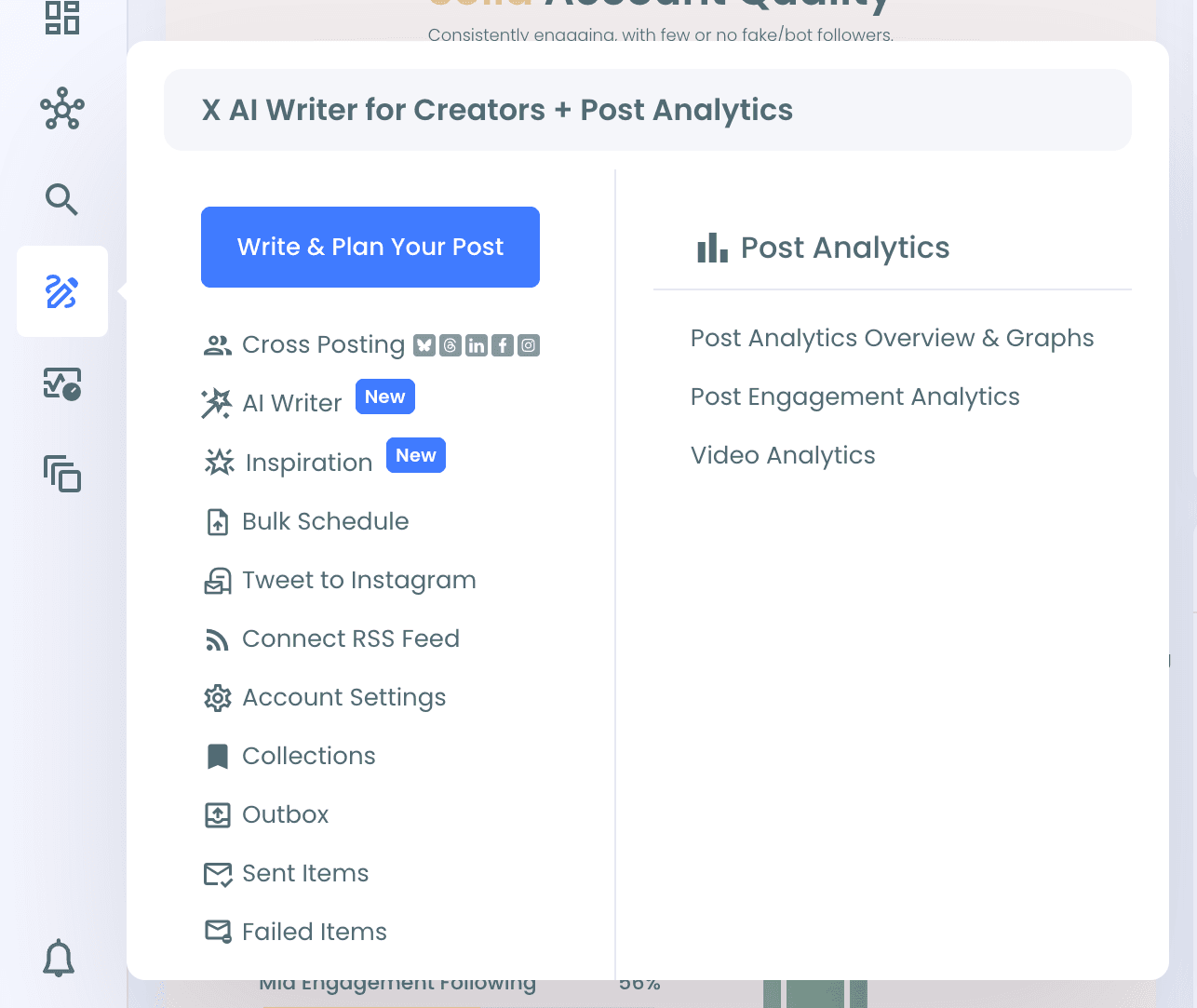 X AI Writer for Creators + Post Analytics menu