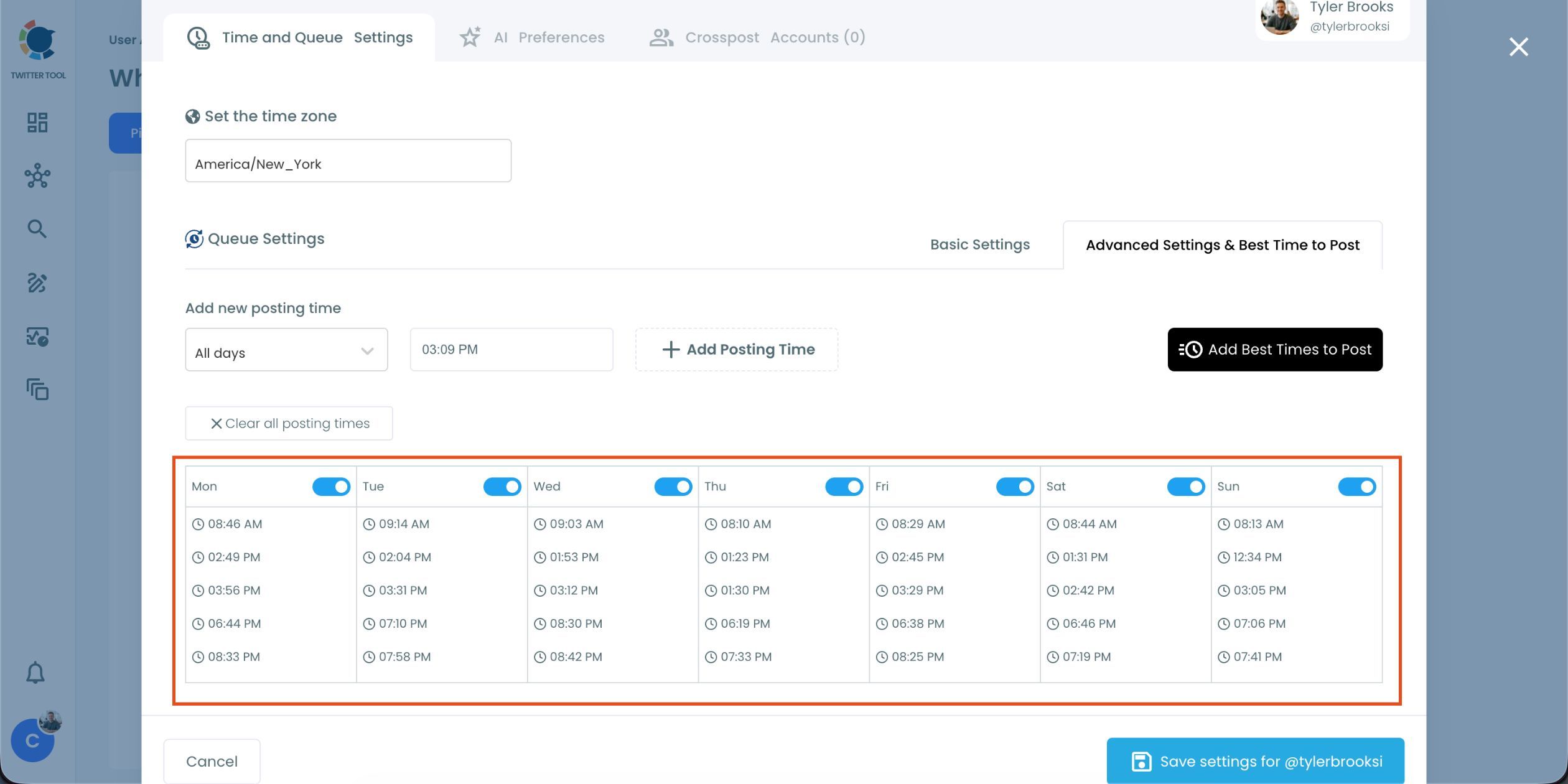 Best posting times added to the queue on Circleboom