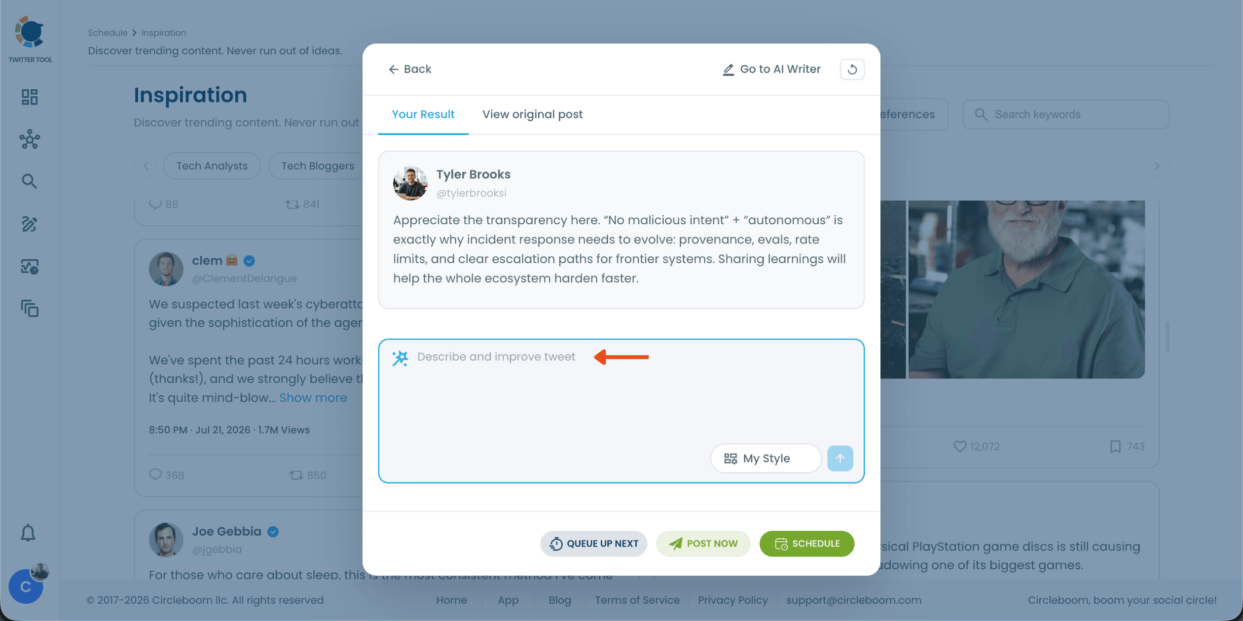 Review the AI-generated reply on Circleboom
