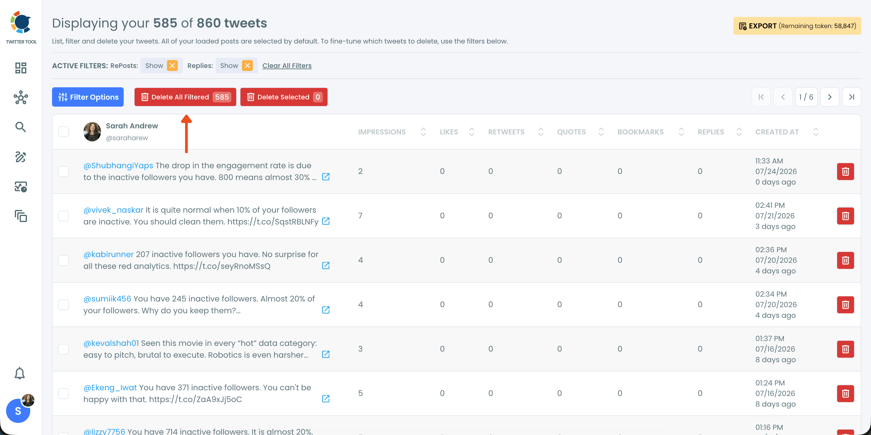 Delete all filtered tweets on Circleboom