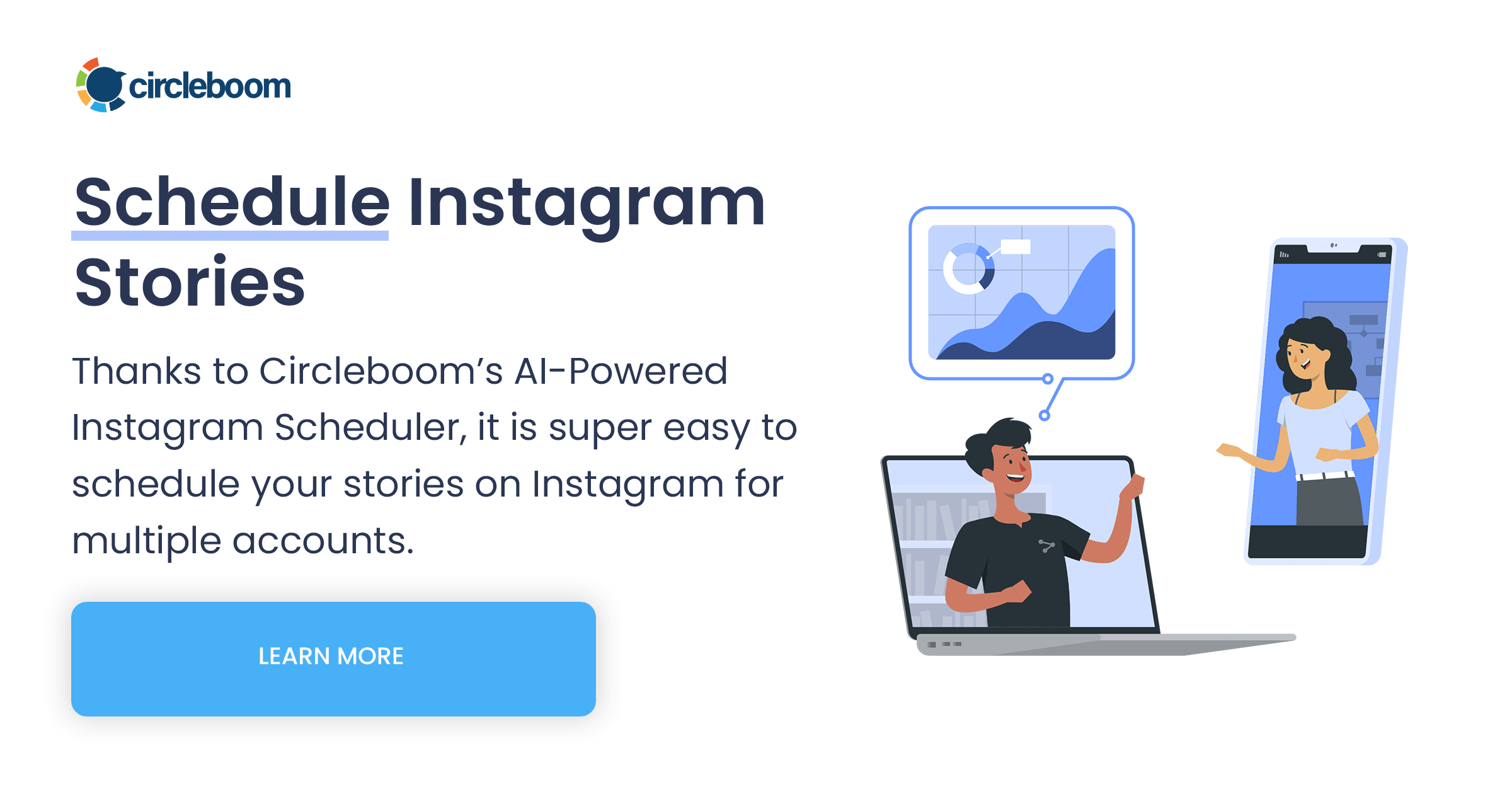 Circleboom banner for scheduling Instagram Stories on multiple accounts, with a Learn more button.