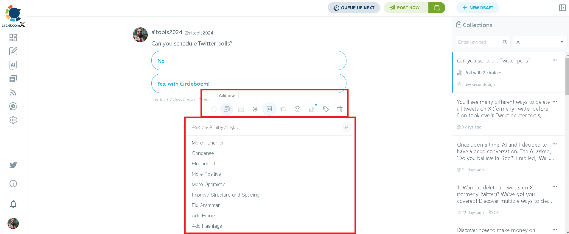 Use Circleboom's AI to improve your Twitter poll.