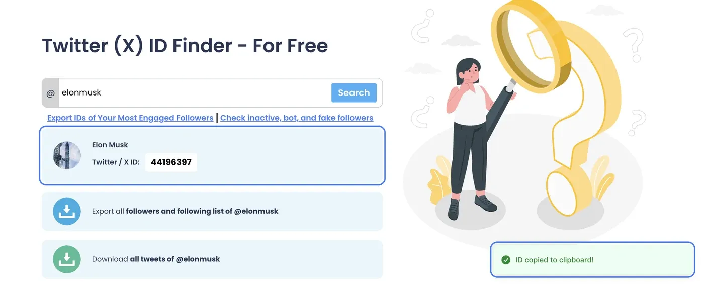 Twitter ID Finder result with the X ID copied
