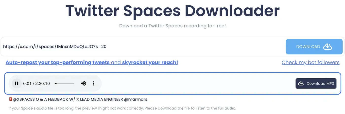 Twitter Space audio player and Download MP3 button