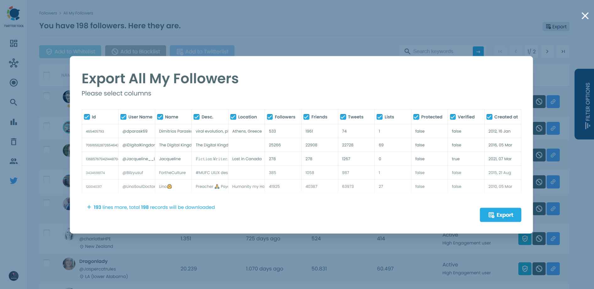 Export Twitter followers and friends into Excel.