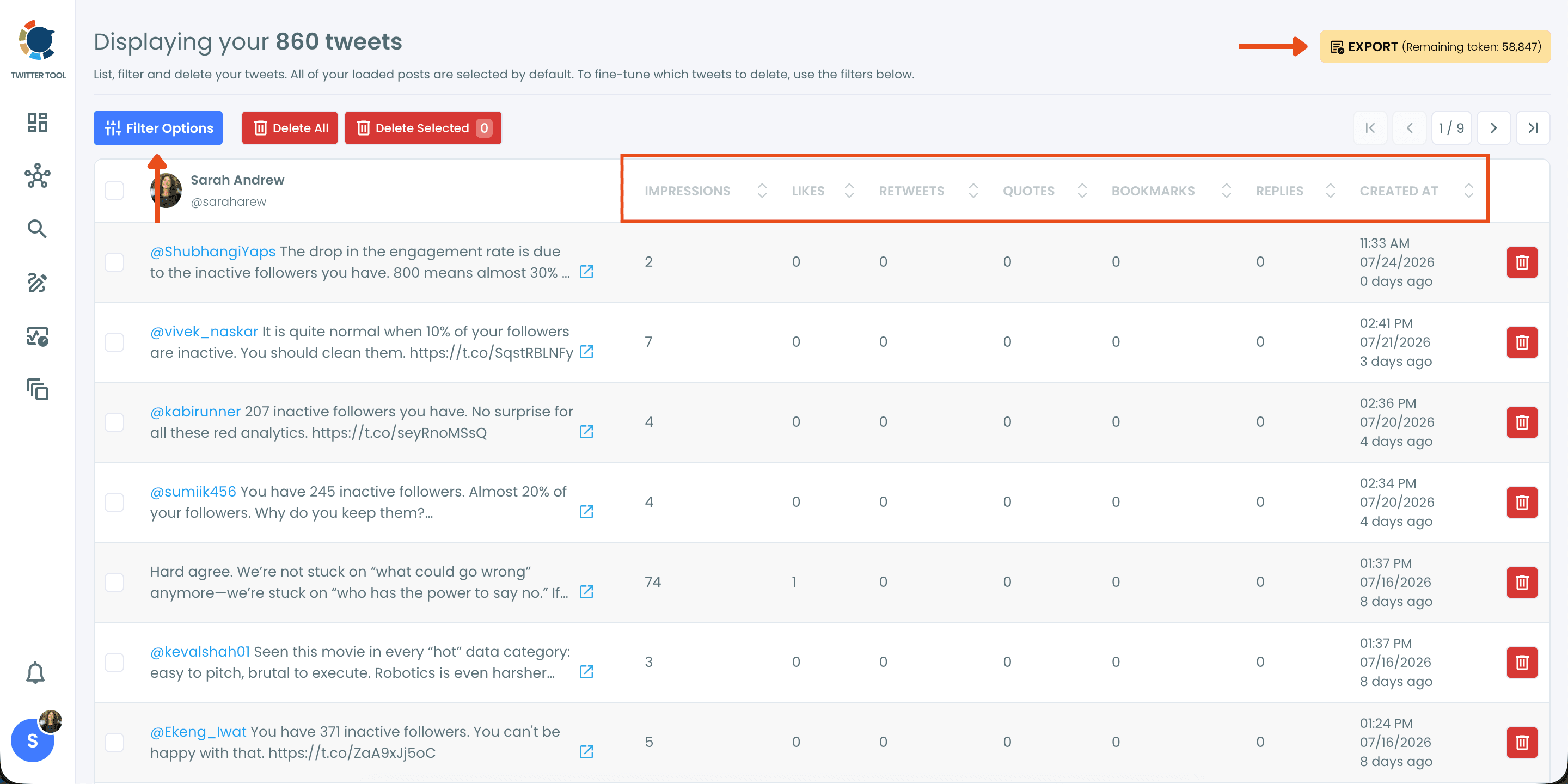 Tweet list with engagement metrics on Circleboom