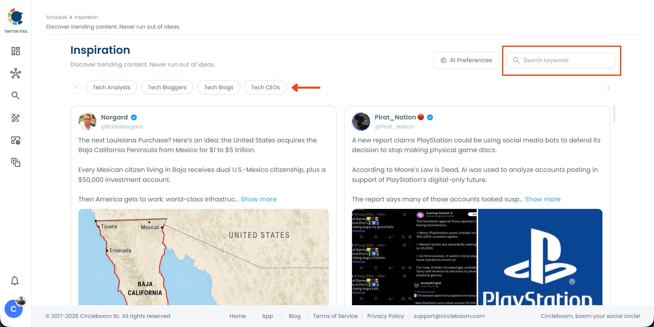 Filter trending tweets by topic on Circleboom Inspiration