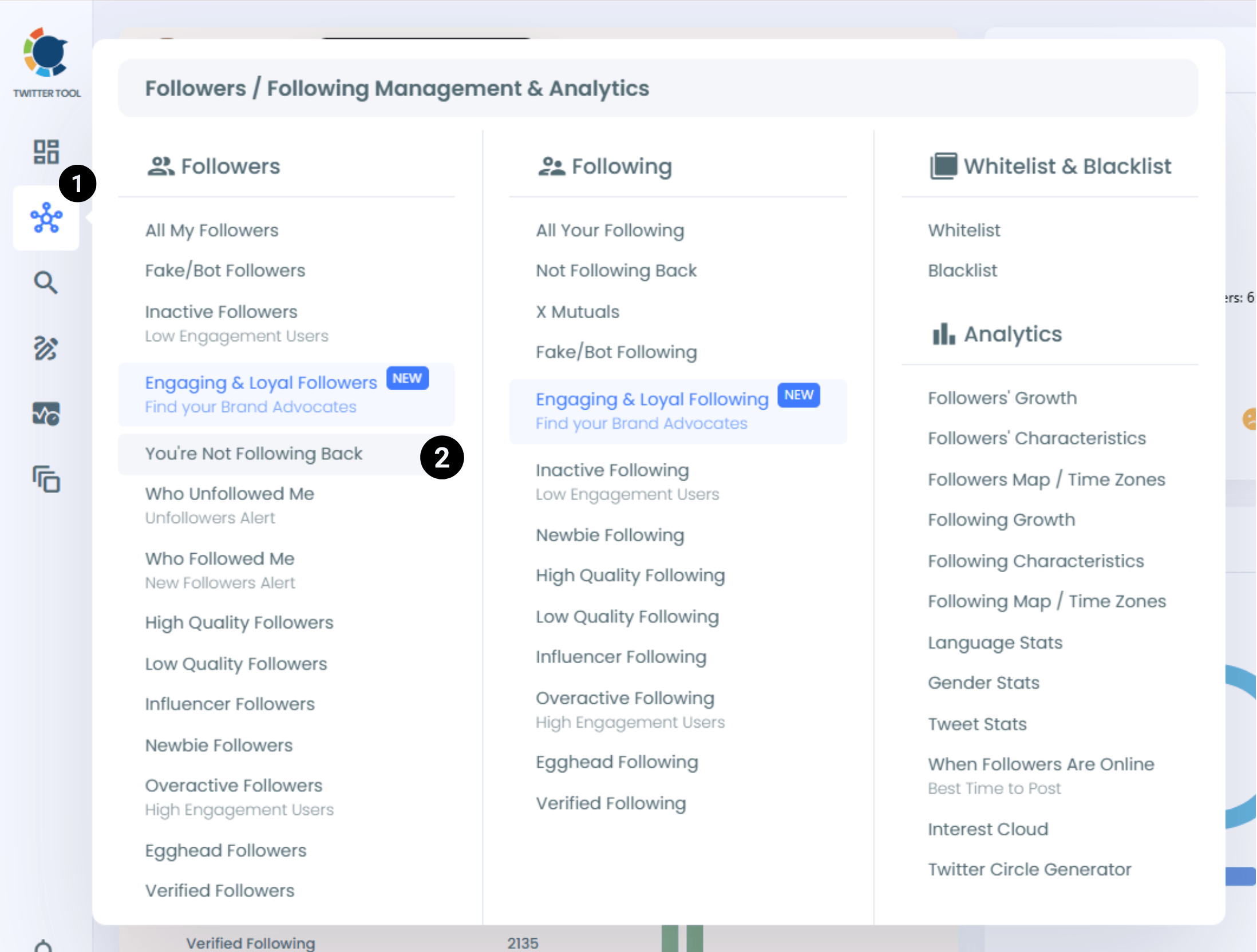 You can find "You're not Following Back" on Circleboom's menu